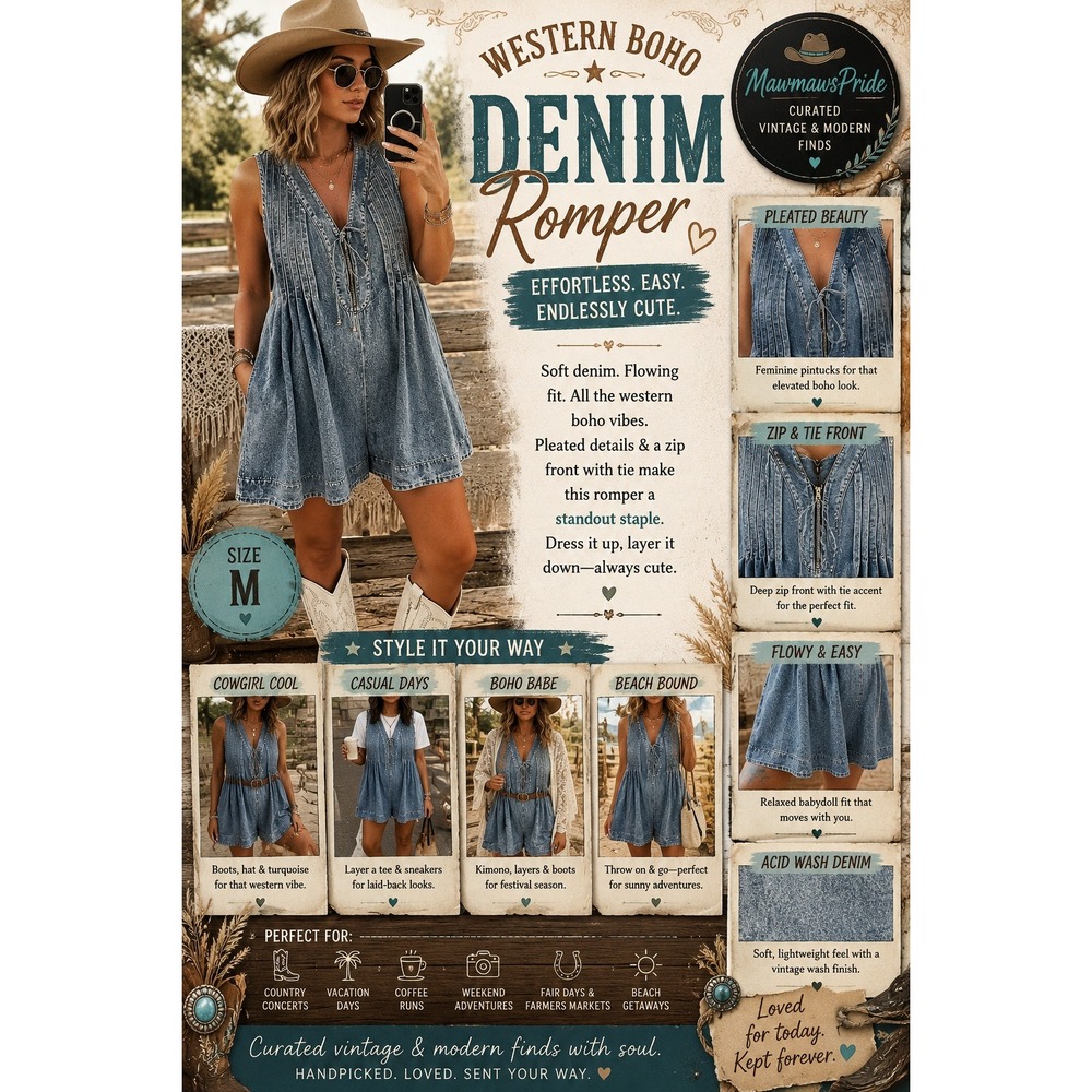 Yoeasy Western Boho Acid Wash Denim Romper Blue Sleeveless Pleated Zip Front M